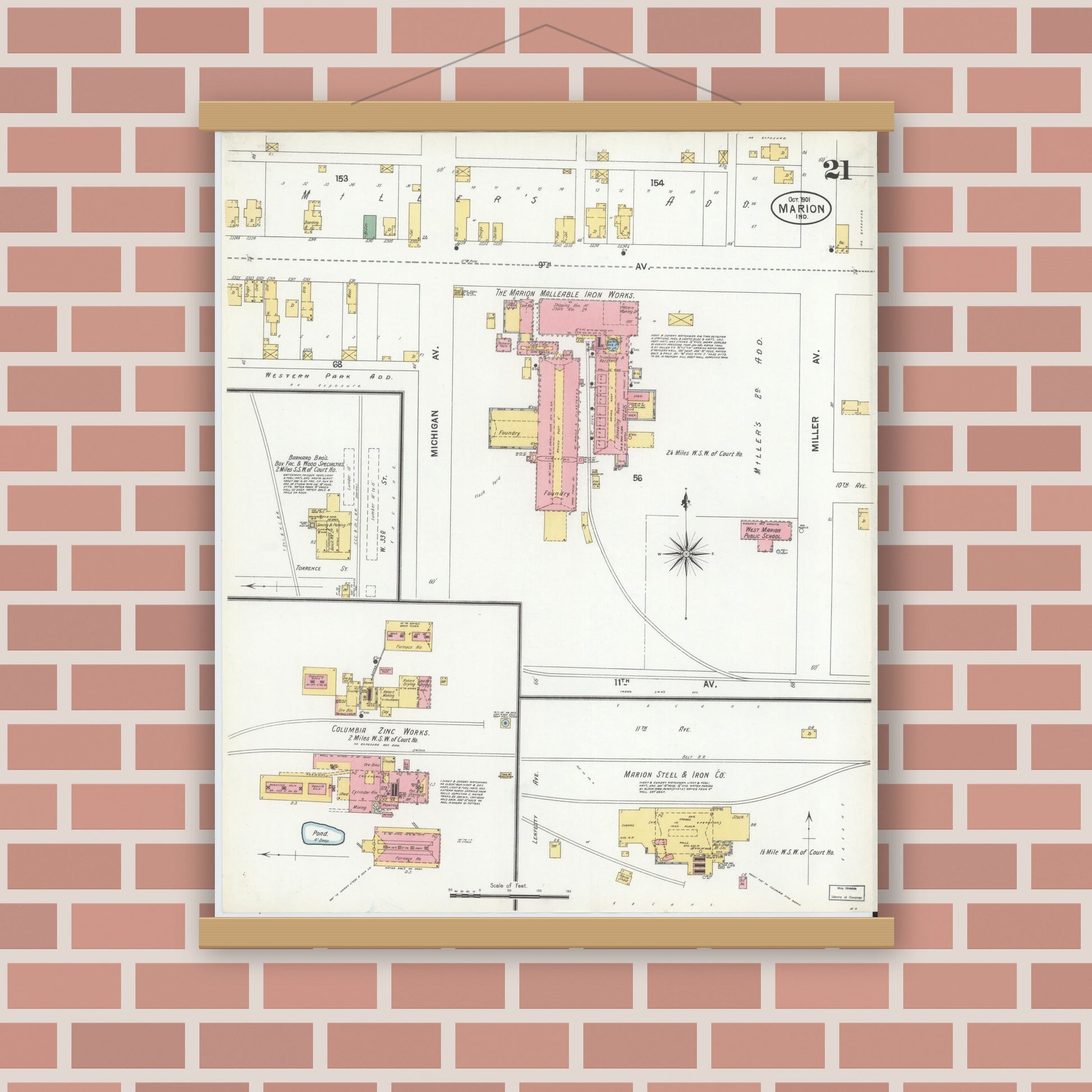 Old map wall art mockup — magnetic wood frame on brick wall — Sanborn Fire Insurance Map from Marion, Grant County, Indiana (1901), Sheet #0021
