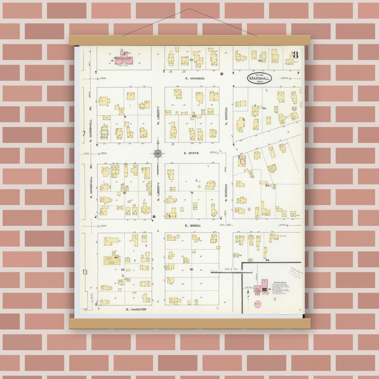 Old map wall art mockup — magnetic wood frame on brick wall — Sanborn Fire Insurance Map from Marshall, Calhoun County, Michigan (1911), Sheet #0008