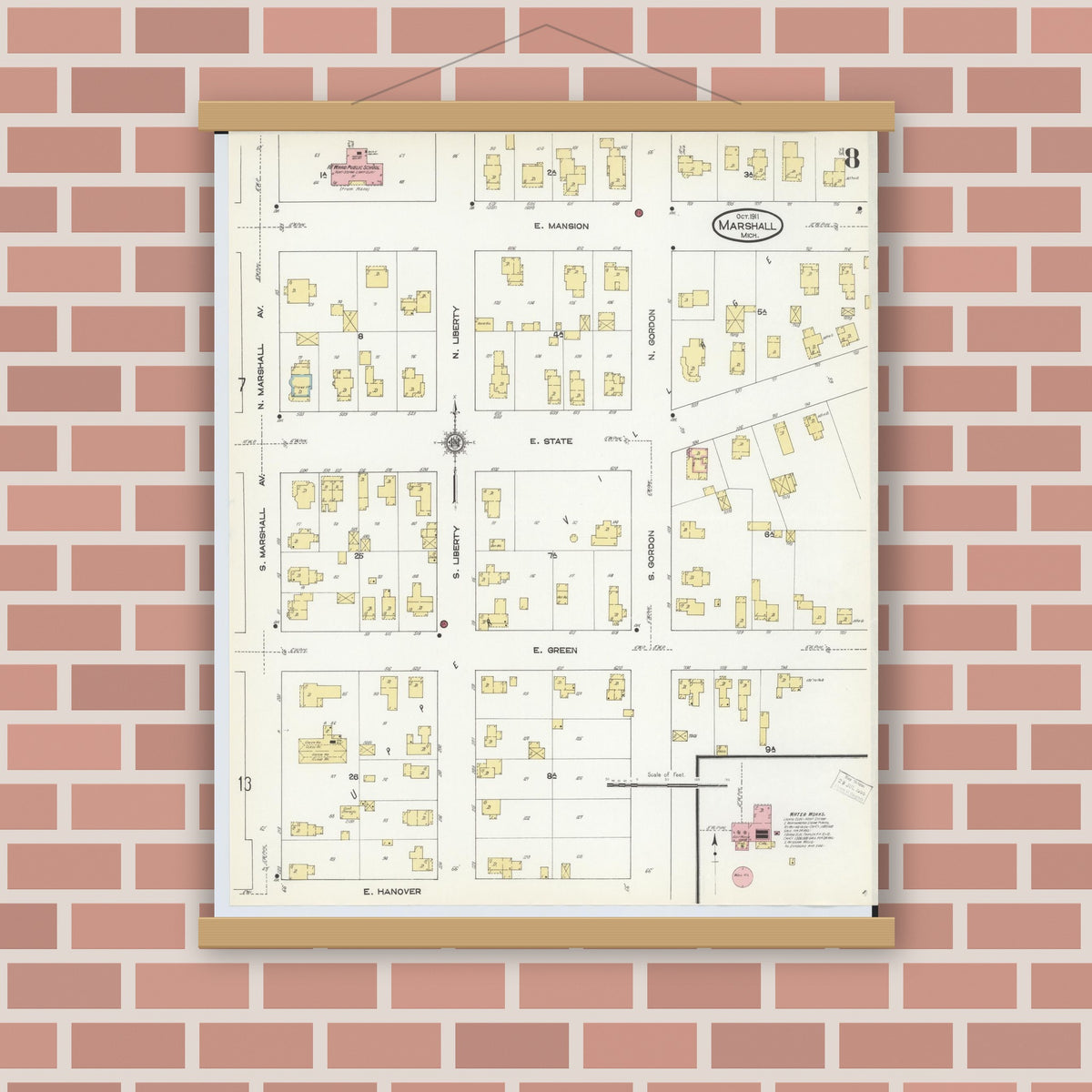 Old map wall art mockup — magnetic wood frame on brick wall — Sanborn Fire Insurance Map from Marshall, Calhoun County, Michigan (1911), Sheet #0008