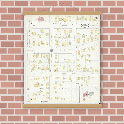 Old map wall art mockup — magnetic wood frame on brick wall — Sanborn Fire Insurance Map from Marshall, Calhoun County, Michigan (1911), Sheet #0008