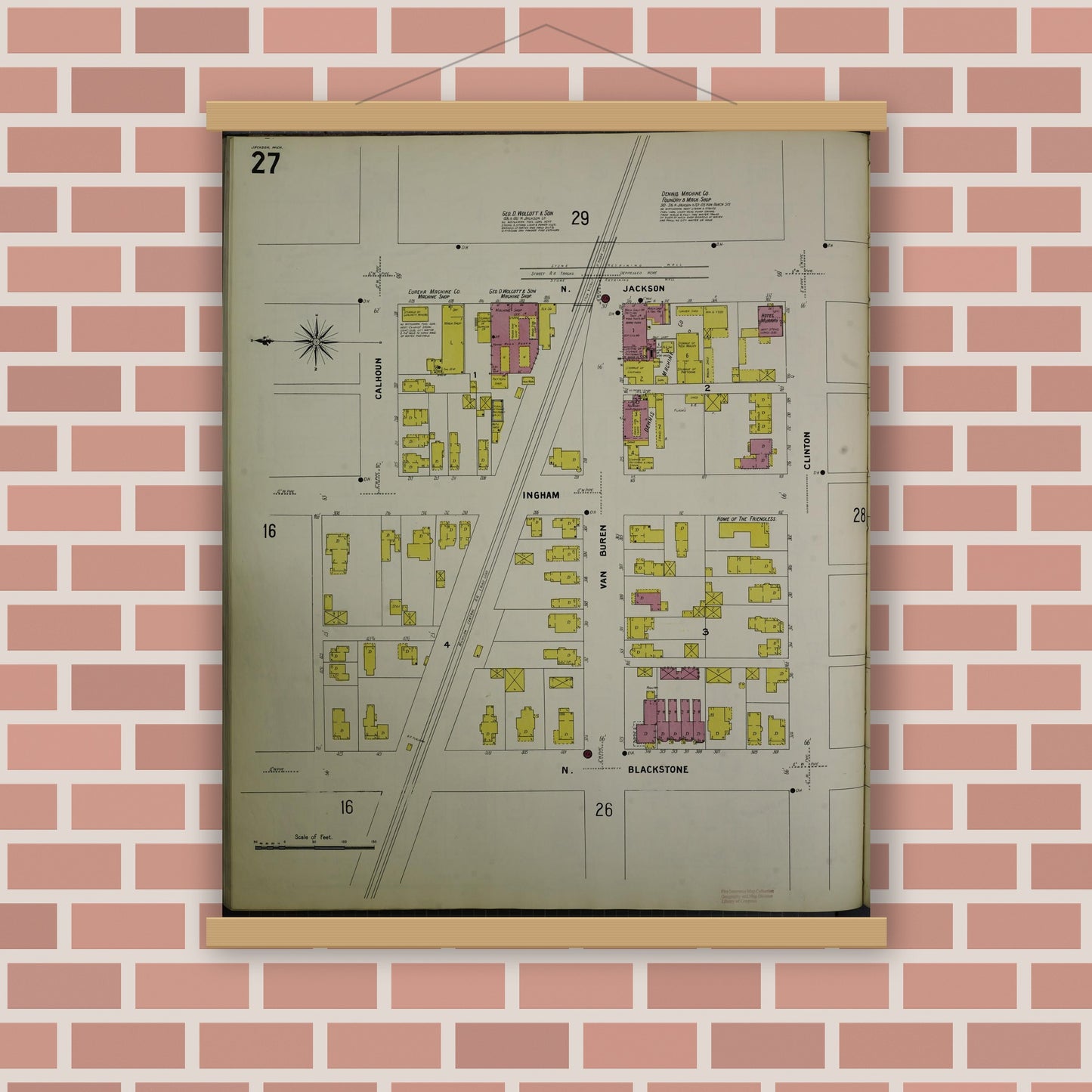 Old map wall art mockup — magnetic wood frame on brick wall — Sanborn Fire Insurance Map from Jackson, Jackson County, Michigan (1907), Sheet #0027