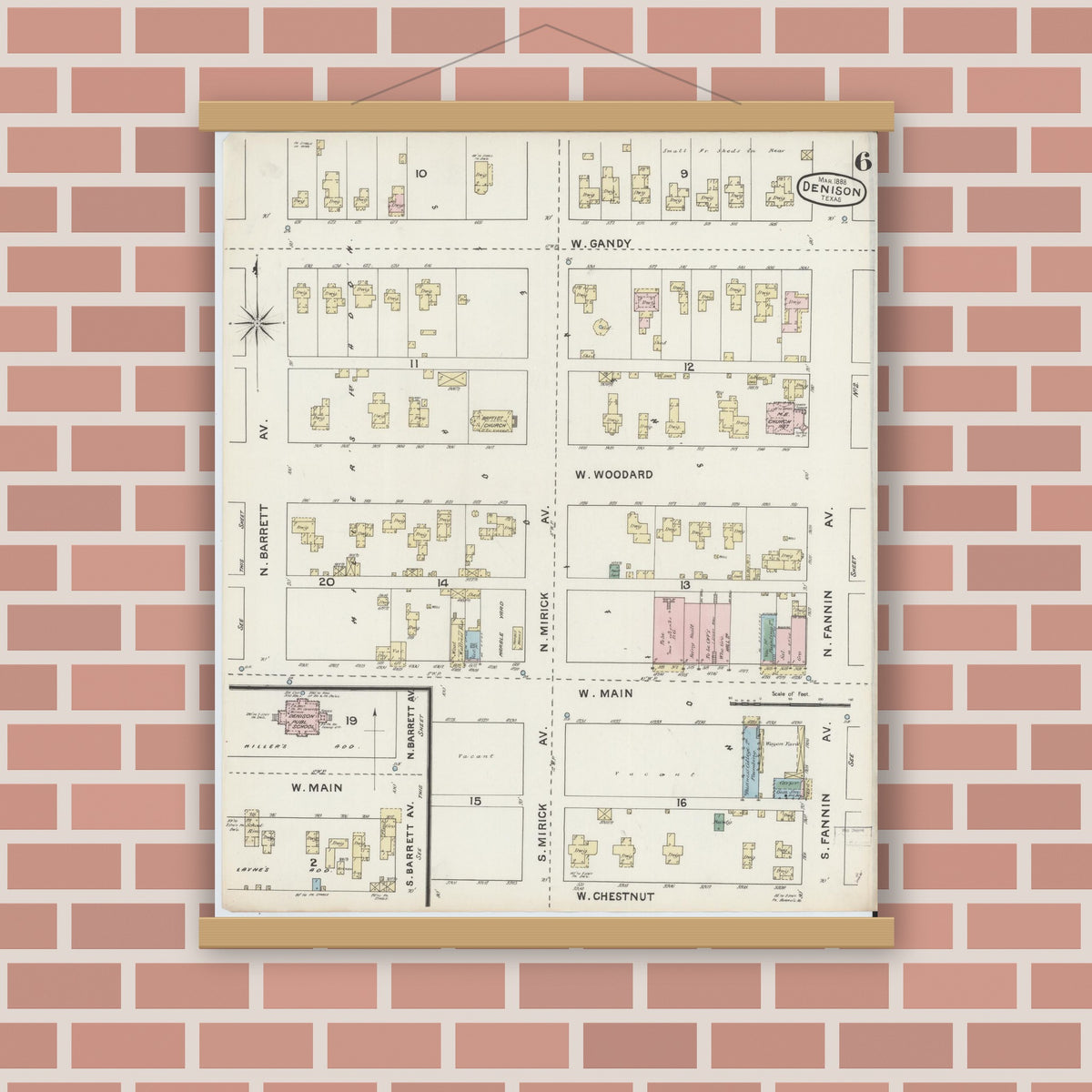 Old map wall art mockup — magnetic wood frame on brick wall — Sanborn Fire Insurance Map from Denison, Grayson County, Texas (1888), Sheet #0006