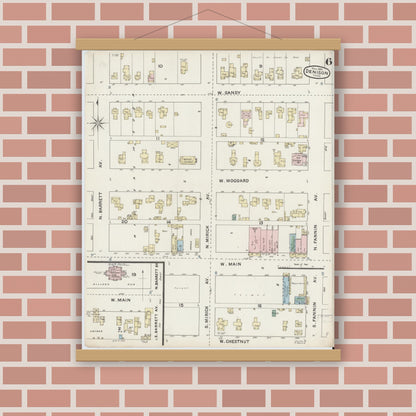 Old map wall art mockup — magnetic wood frame on brick wall — Sanborn Fire Insurance Map from Denison, Grayson County, Texas (1888), Sheet #0006