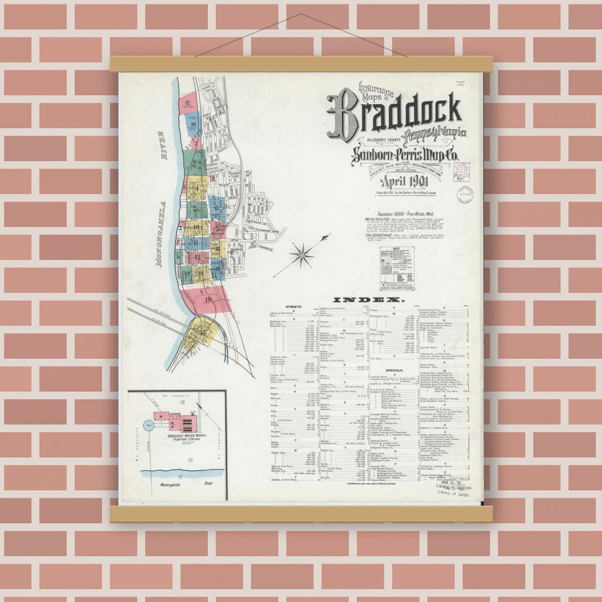 Old map wall art mockup — magnetic wood frame on brick wall — Sanborn Fire Insurance Map from Braddock, Allegheny County, Pennsylvania (1901), Sheet #0001