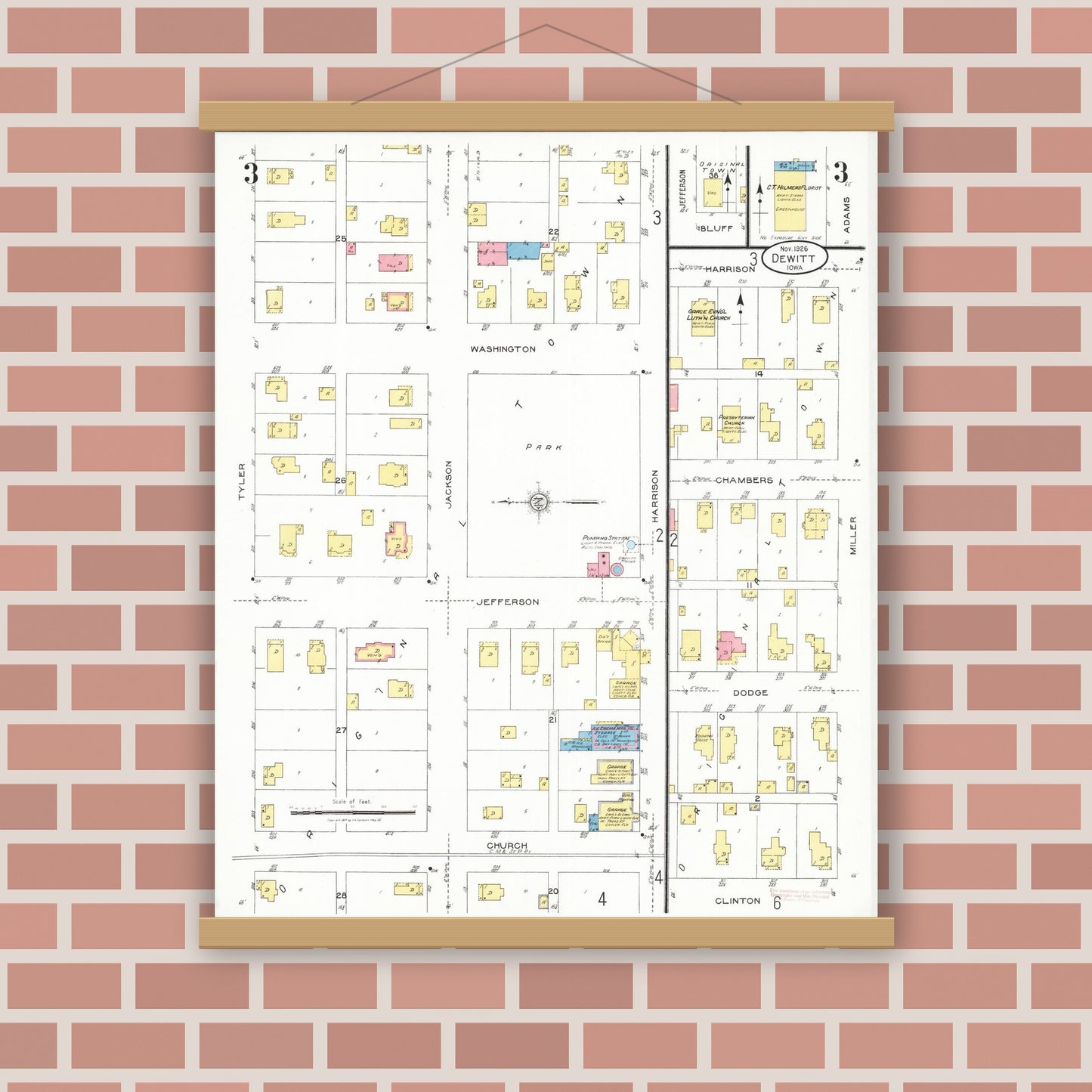 Old map wall art mockup — magnetic wood frame on brick wall — Sanborn Fire Insurance Map from De Witt, Clinton County, Iowa (1926), Sheet #0003