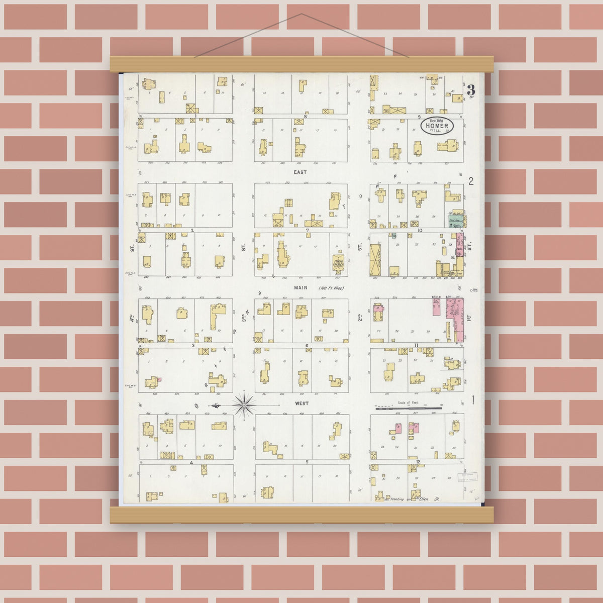 Old map wall art mockup — magnetic wood frame on brick wall — Sanborn Fire Insurance Map from Homer, Champaign County, Illinois (1898), Sheet #0003