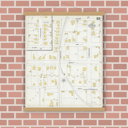 Old map wall art mockup — magnetic wood frame on brick wall — Sanborn Fire Insurance Map from Sherman, Grayson County, Texas (1902), Sheet #0023