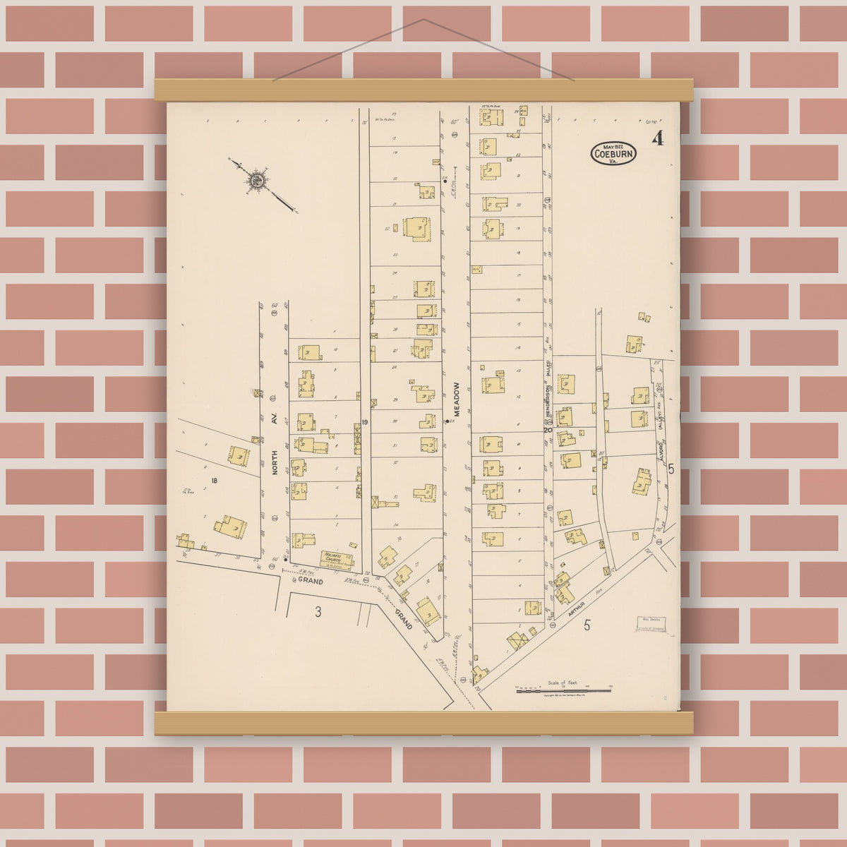 Old map wall art mockup — magnetic wood frame on brick wall — Sanborn Fire Insurance Map from Coeburn, Wise County, Virginia (1922), Sheet #0004