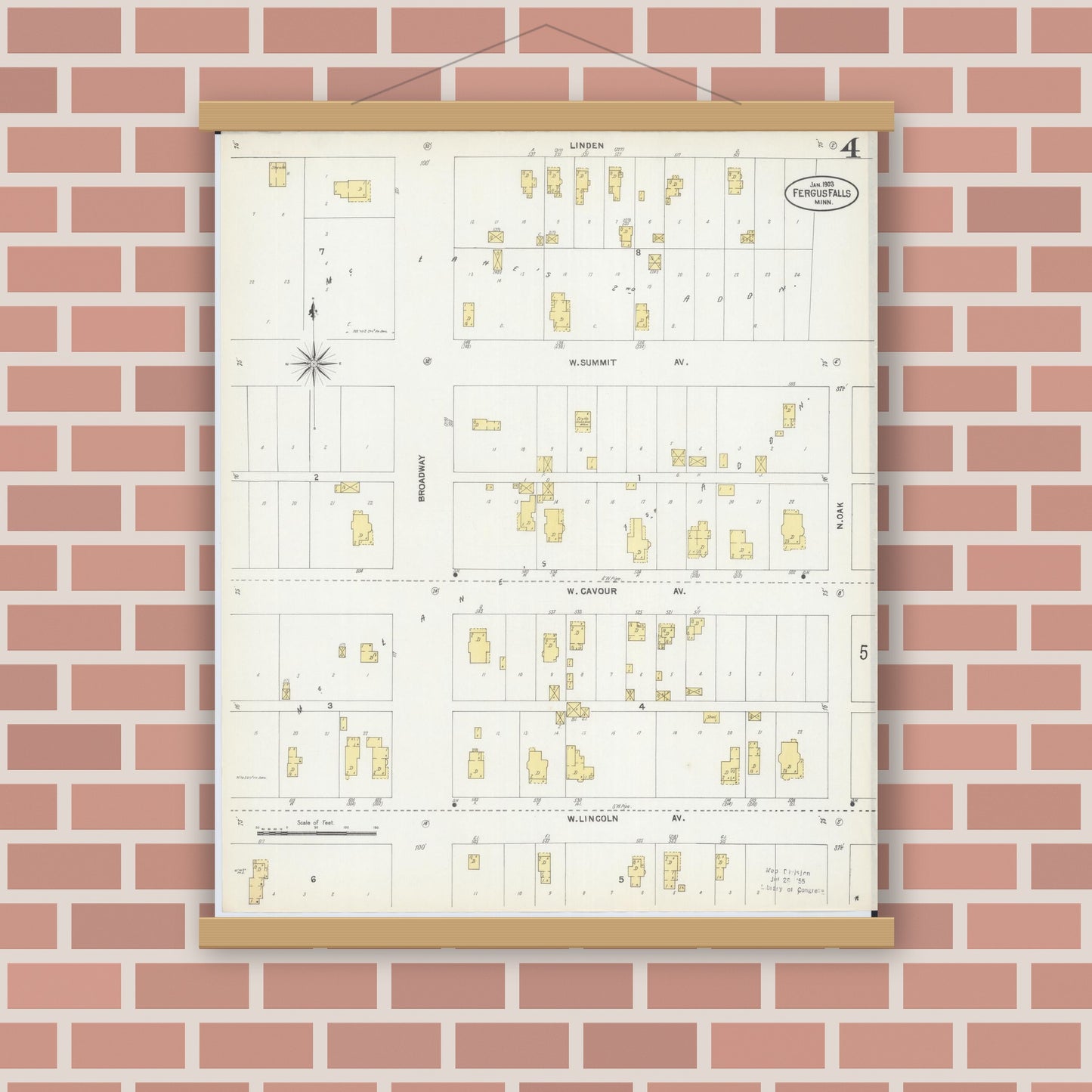 Old map wall art mockup — magnetic wood frame on brick wall — Sanborn Fire Insurance Map from Fergus Falls, Otter Tail County, Minnesota (1903), Sheet #0004