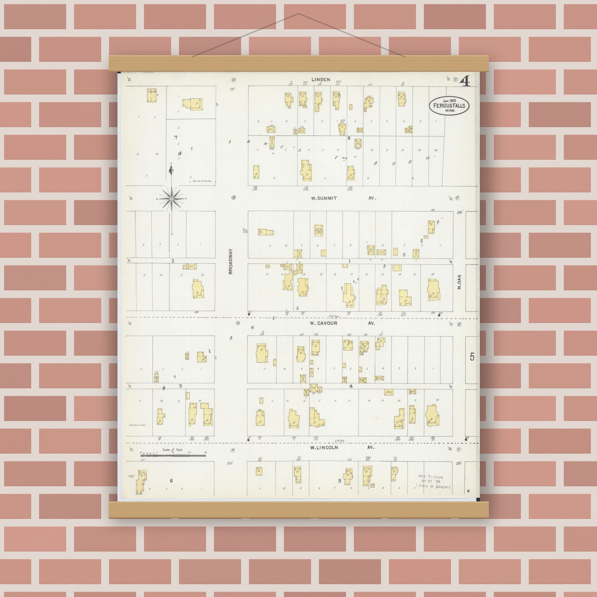 Old map wall art mockup — magnetic wood frame on brick wall — Sanborn Fire Insurance Map from Fergus Falls, Otter Tail County, Minnesota (1903), Sheet #0004