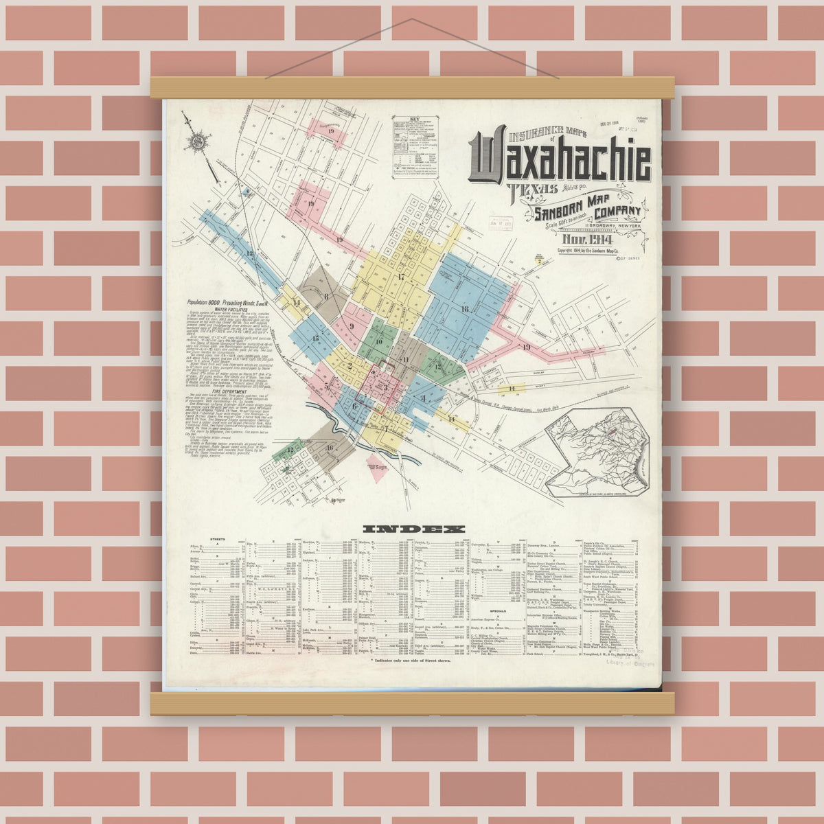 Old map wall art mockup — magnetic wood frame on brick wall — Sanborn Fire Insurance Map from Waxahachie, Ellis County, Texas (1914) - Complete Map Set