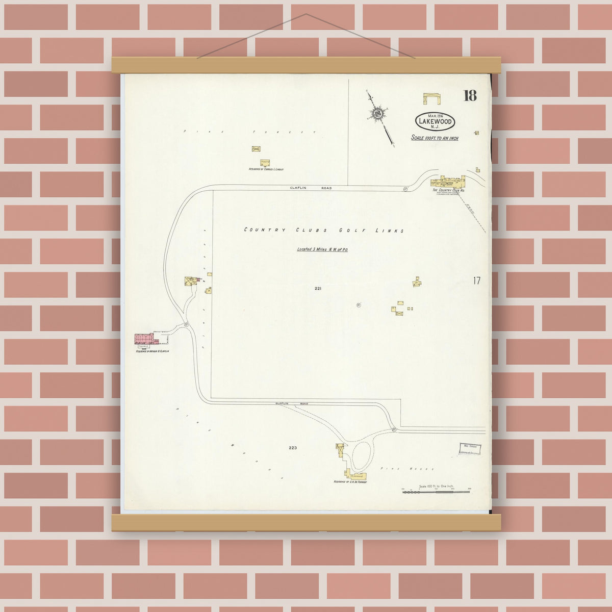 Old map wall art mockup — magnetic wood frame on brick wall — Sanborn Fire Insurance Map from Lakewood, Ocean County, New Jersey (1916), Sheet #0018