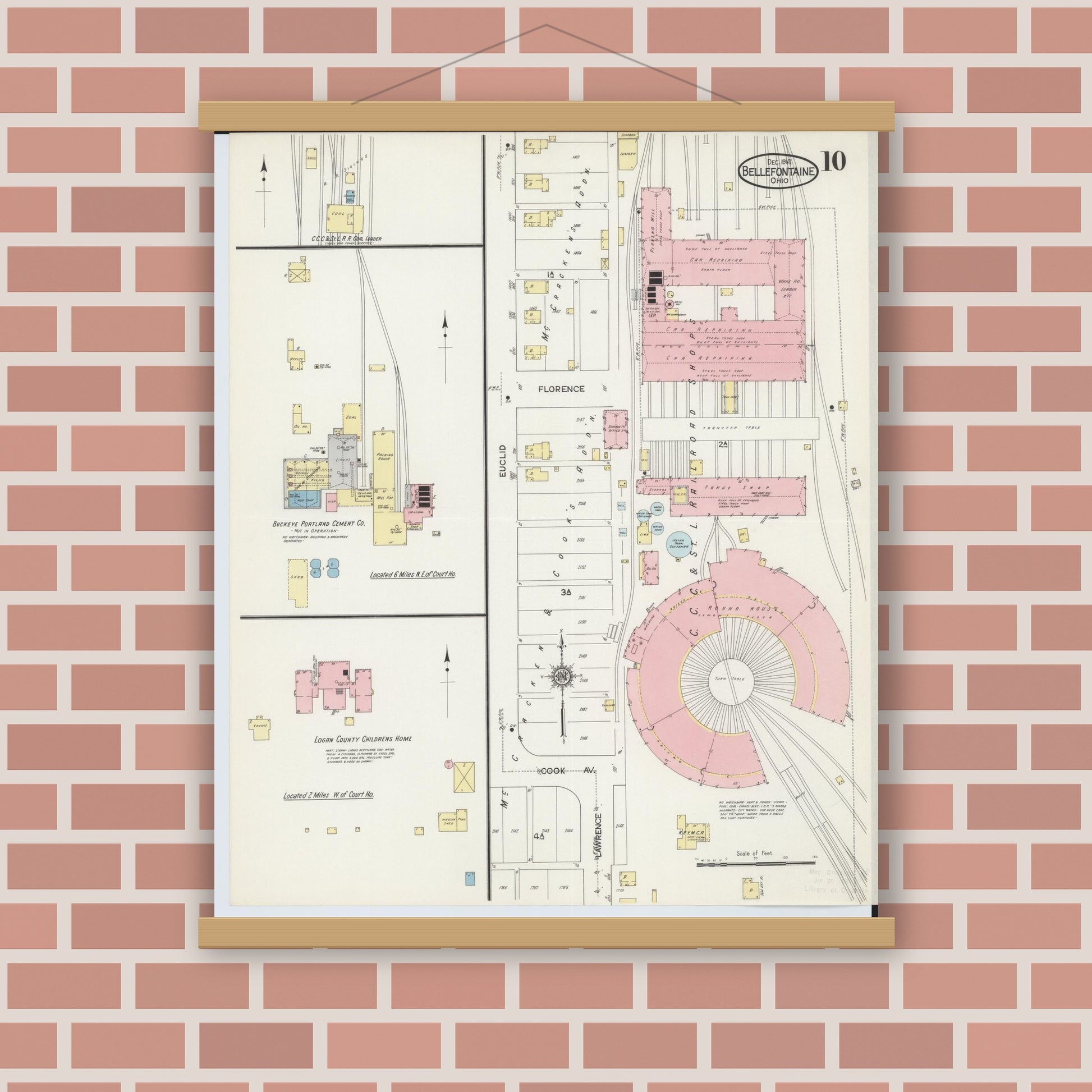 Old map wall art mockup — magnetic wood frame on brick wall — Sanborn Fire Insurance Map from Bellefontaine, Logan County, Ohio (1914), Sheet #0010