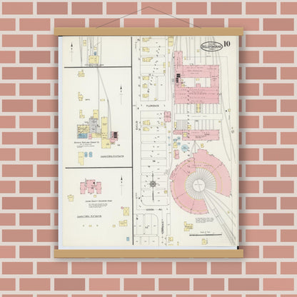 Old map wall art mockup — magnetic wood frame on brick wall — Sanborn Fire Insurance Map from Bellefontaine, Logan County, Ohio (1914), Sheet #0010