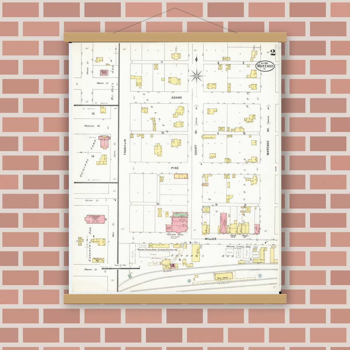 Old map wall art mockup — magnetic wood frame on brick wall — Sanborn Fire Insurance Map from Marengo, Iowa County, Iowa (1898), Sheet #0002