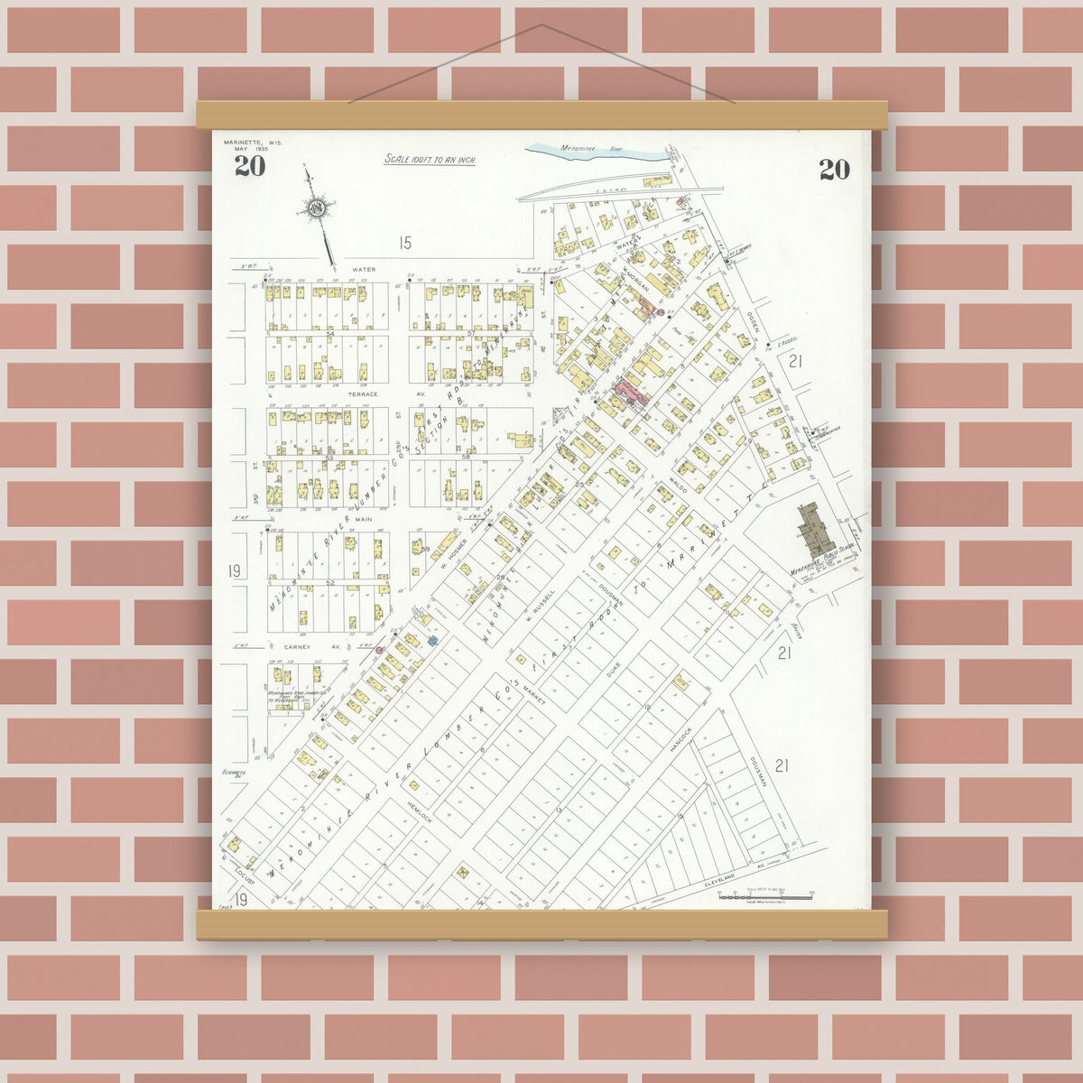 Old map wall art mockup — magnetic wood frame on brick wall — Sanborn Fire Insurance Map from Marinette, Marinette County, Wisconsin (1935), Sheet #0020