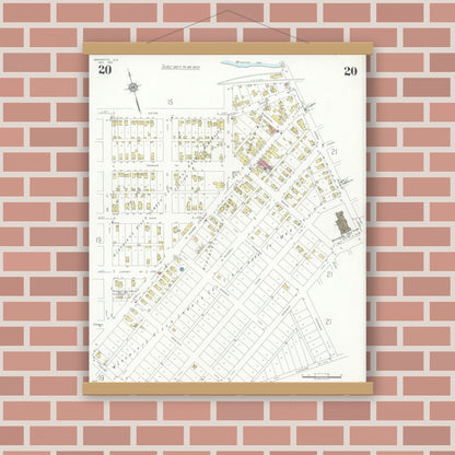 Old map wall art mockup — magnetic wood frame on brick wall — Sanborn Fire Insurance Map from Marinette, Marinette County, Wisconsin (1935), Sheet #0020