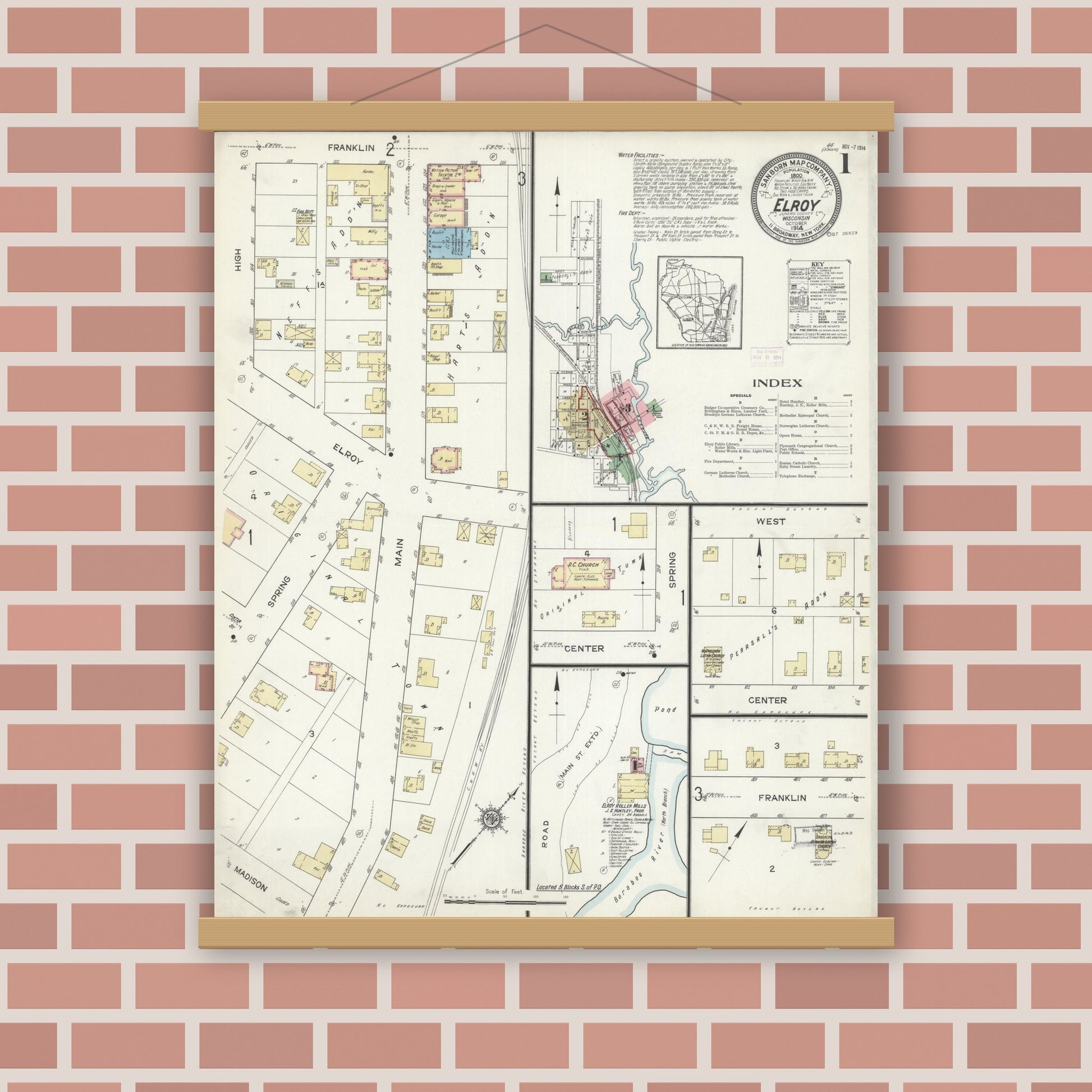 Old map wall art mockup — magnetic wood frame on brick wall — Sanborn Fire Insurance Map from Elroy, Juneau County, Wisconsin (1914) - Complete Map Set