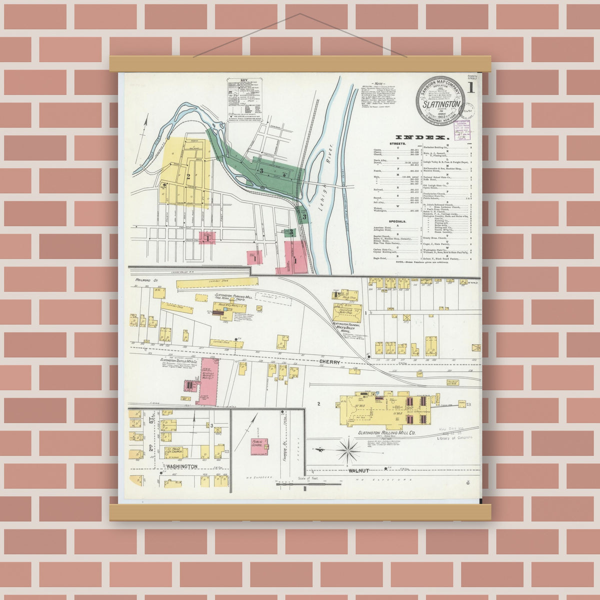 Old map wall art mockup — magnetic wood frame on brick wall — Sanborn Fire Insurance Map from Slatington, Lehigh County, Pennsylvania (1902), Sheet #0001
