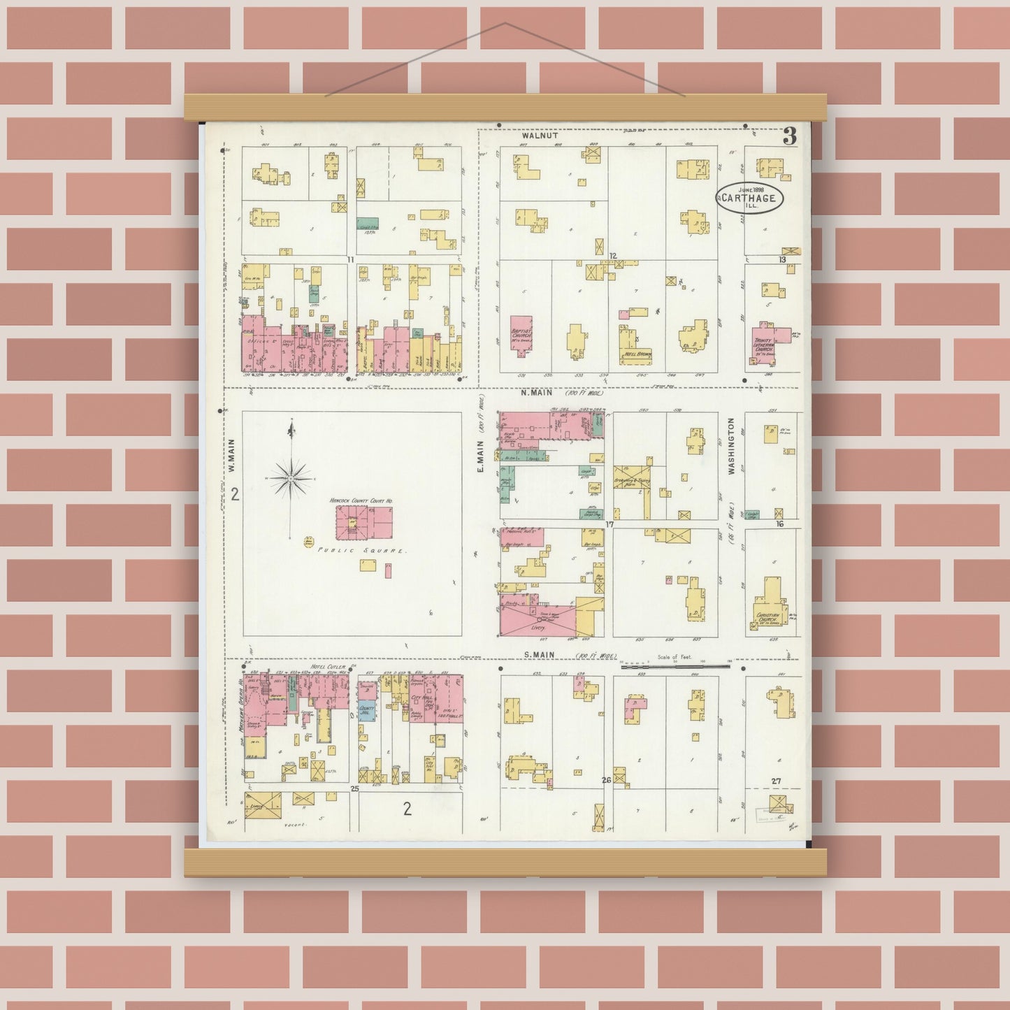 Old map wall art mockup — magnetic wood frame on brick wall — Sanborn Fire Insurance Map from Carthage, Hancock County, Illinois (1898), Sheet #0003