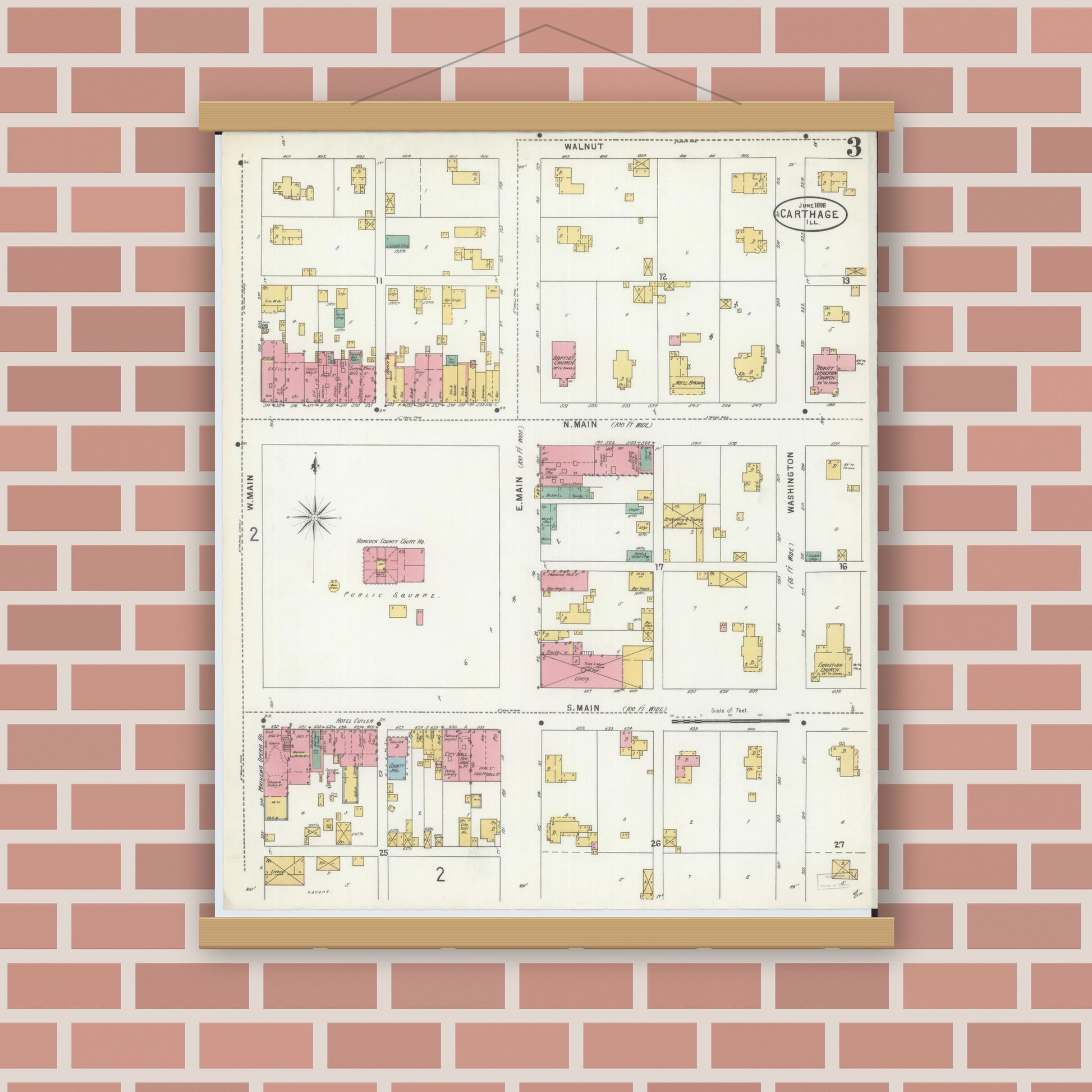 Old map wall art mockup — magnetic wood frame on brick wall — Sanborn Fire Insurance Map from Carthage, Hancock County, Illinois (1898), Sheet #0003
