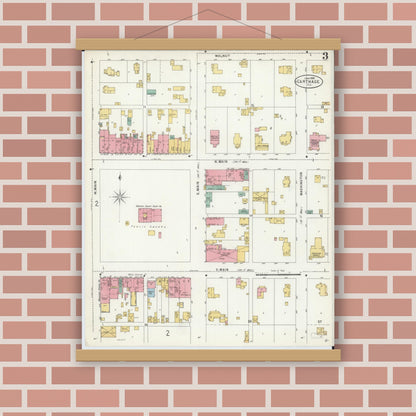 Old map wall art mockup — magnetic wood frame on brick wall — Sanborn Fire Insurance Map from Carthage, Hancock County, Illinois (1898), Sheet #0003