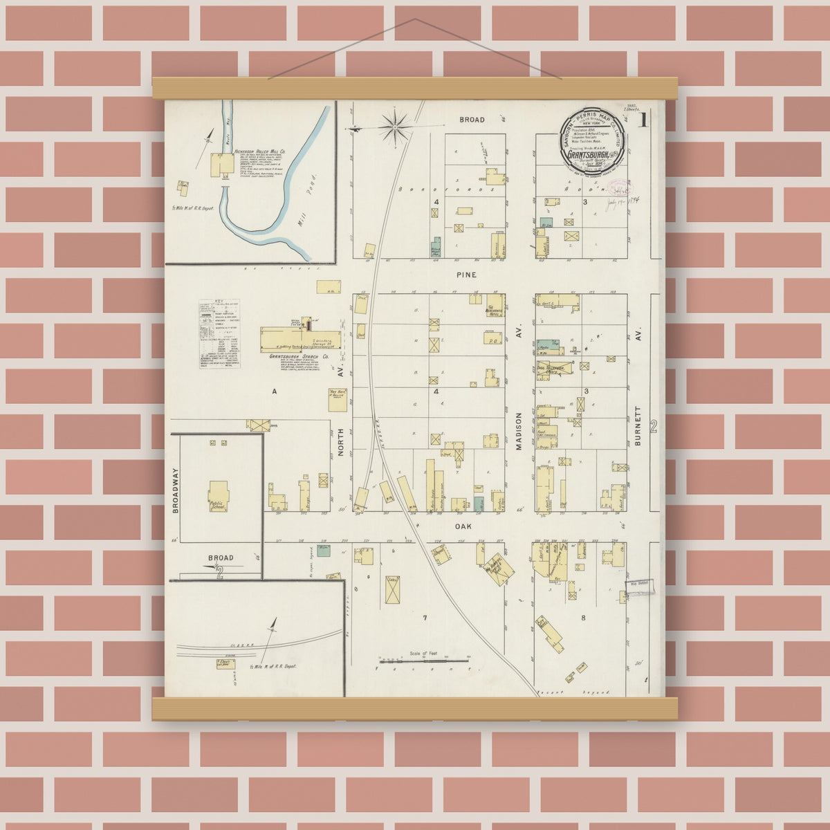 Old map wall art mockup — magnetic wood frame on brick wall — Sanborn Fire Insurance Map from Grantsburg, Burnett County, Wisconsin (1894), Sheet #0001