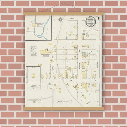 Old map wall art mockup — magnetic wood frame on brick wall — Sanborn Fire Insurance Map from Grantsburg, Burnett County, Wisconsin (1894), Sheet #0001
