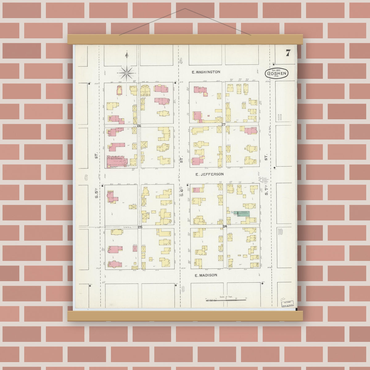 Old map wall art mockup — magnetic wood frame on brick wall — Sanborn Fire Insurance Map from Goshen, Elkhart County, Indiana (1892), Sheet #0007