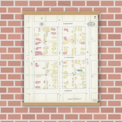 Old map wall art mockup — magnetic wood frame on brick wall — Sanborn Fire Insurance Map from Goshen, Elkhart County, Indiana (1892), Sheet #0007