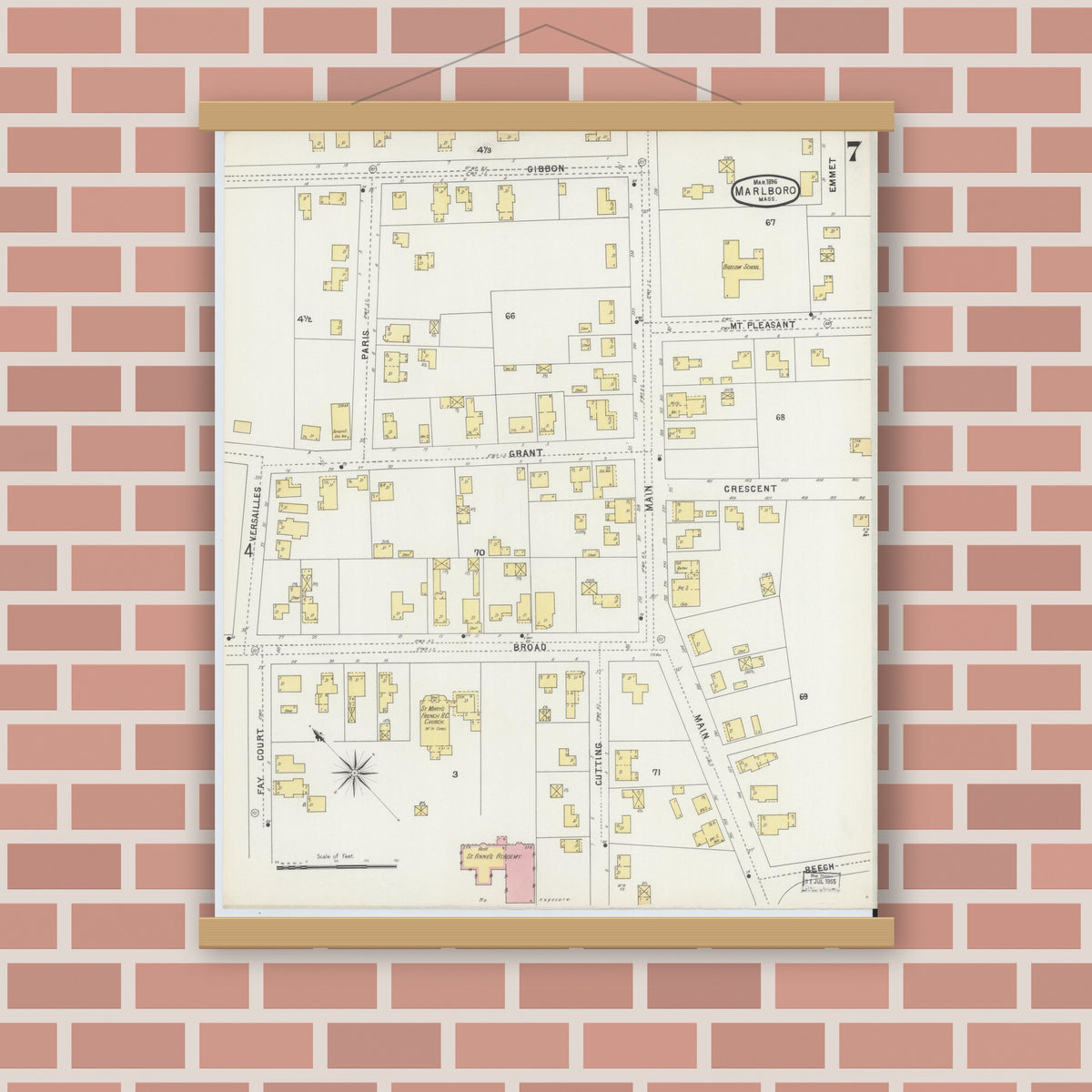 Old map wall art mockup — magnetic wood frame on brick wall — Sanborn Fire Insurance Map from Marlborough, Middlesex County, Massachusetts (1896), Sheet #0007