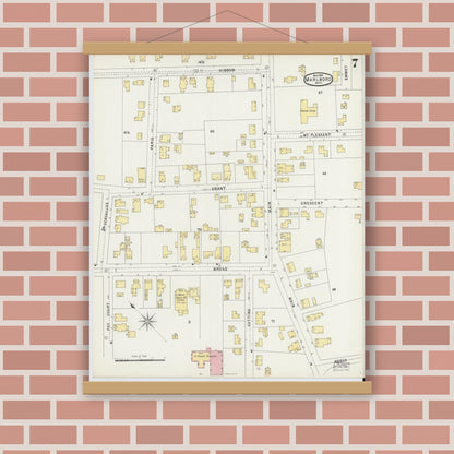 Old map wall art mockup — magnetic wood frame on brick wall — Sanborn Fire Insurance Map from Marlborough, Middlesex County, Massachusetts (1896), Sheet #0007