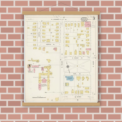 Old map wall art mockup — magnetic wood frame on brick wall — Sanborn Fire Insurance Map from Sayre, Bradford County, Pennsylvania (1915), Sheet #0003