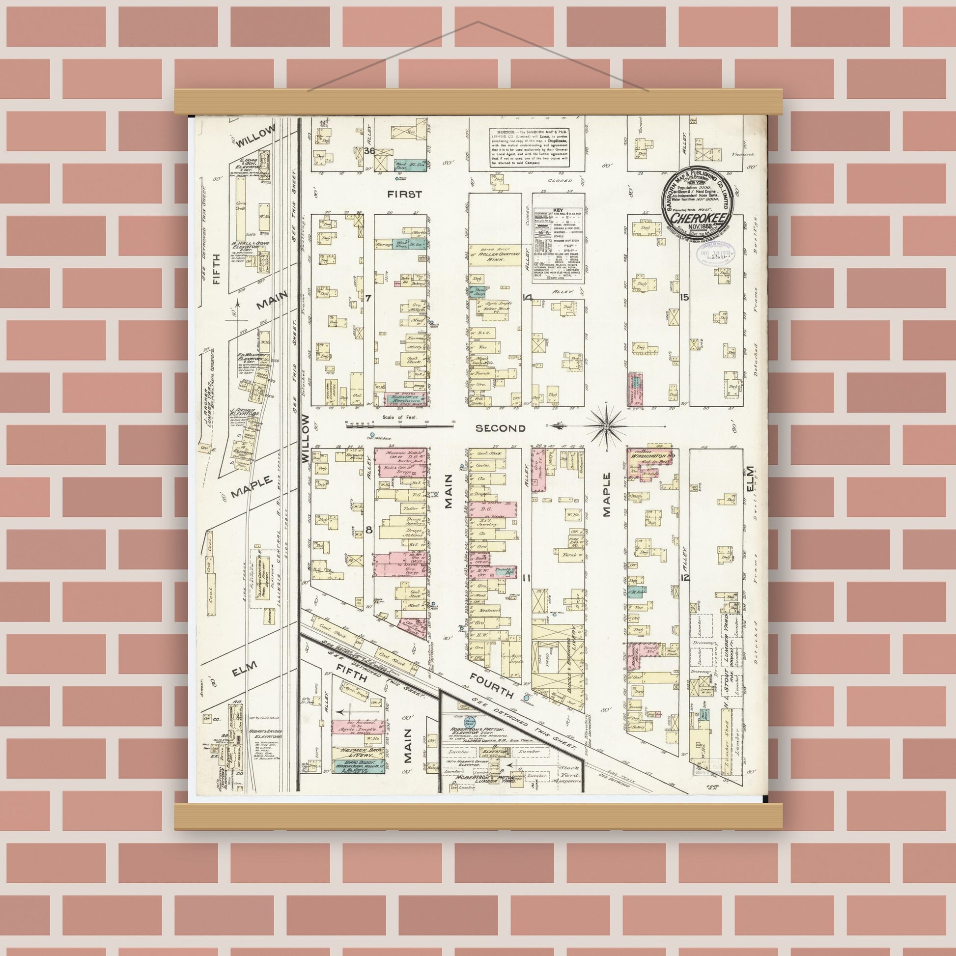 Old map wall art mockup — magnetic wood frame on brick wall — Sanborn Fire Insurance Map from Cherokee, Cherokee County, Iowa (1883), Sheet #0001