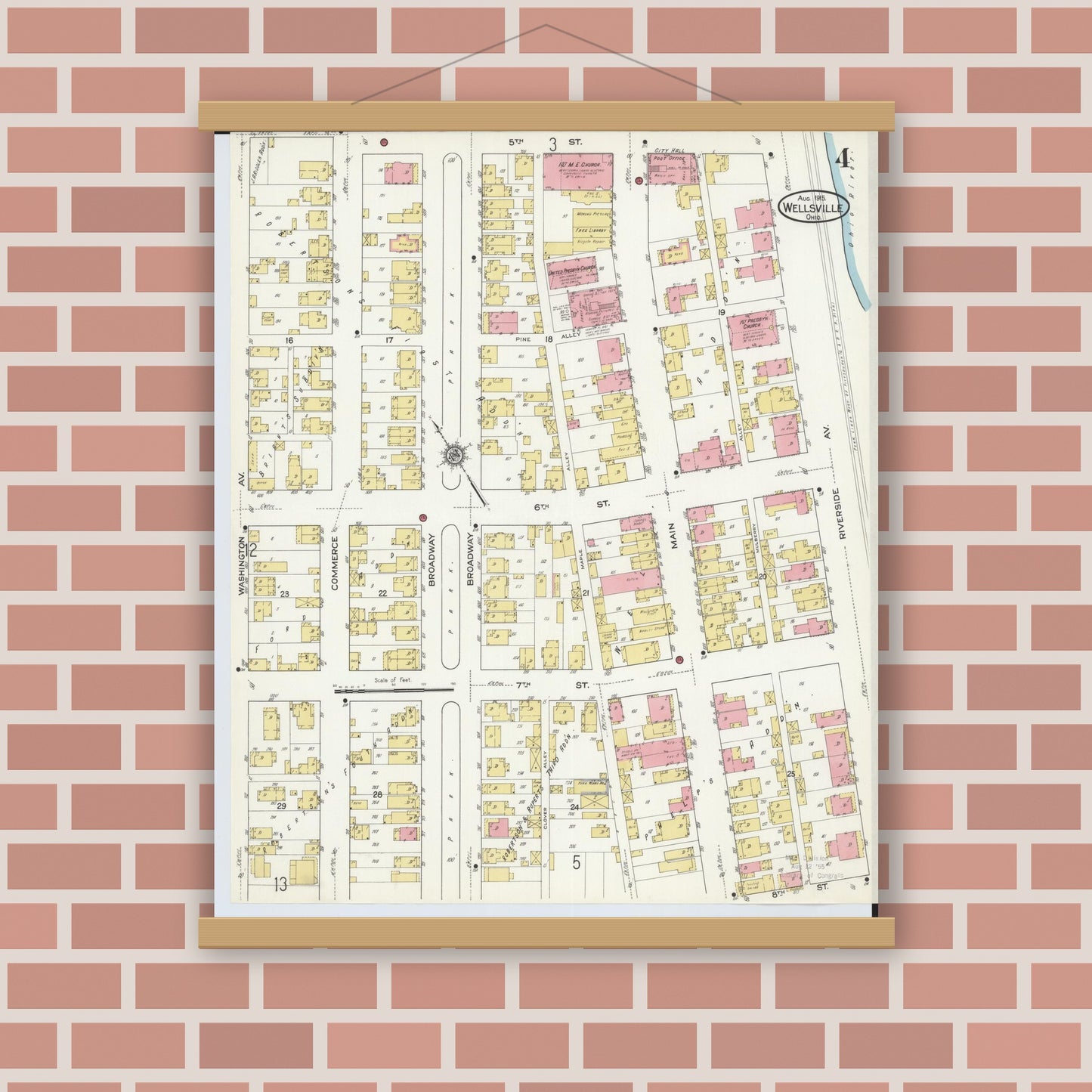 Old map wall art mockup — magnetic wood frame on brick wall — Sanborn Fire Insurance Map from Wellsville, Columbiana County, Ohio (1915), Sheet #0004