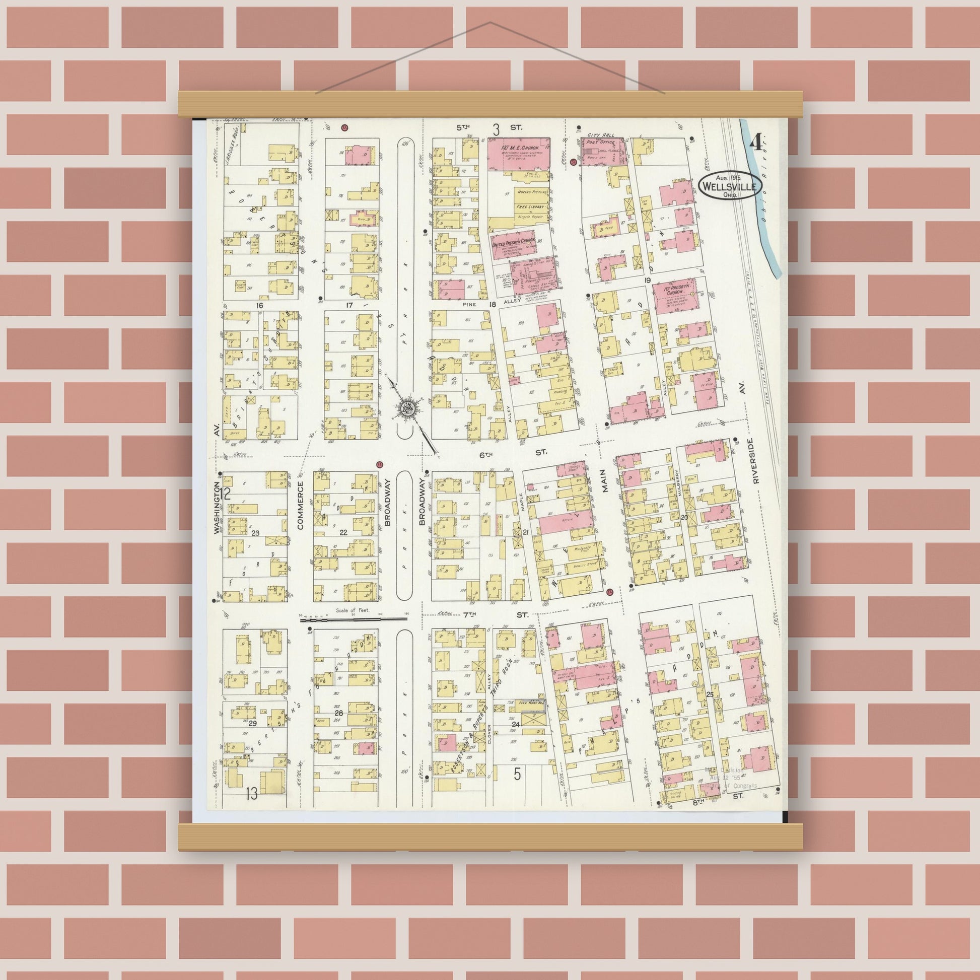 Old map wall art mockup — magnetic wood frame on brick wall — Sanborn Fire Insurance Map from Wellsville, Columbiana County, Ohio (1915), Sheet #0004