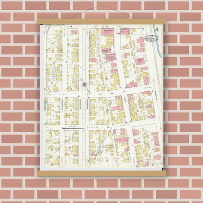 Old map wall art mockup — magnetic wood frame on brick wall — Sanborn Fire Insurance Map from Wellsville, Columbiana County, Ohio (1915), Sheet #0004