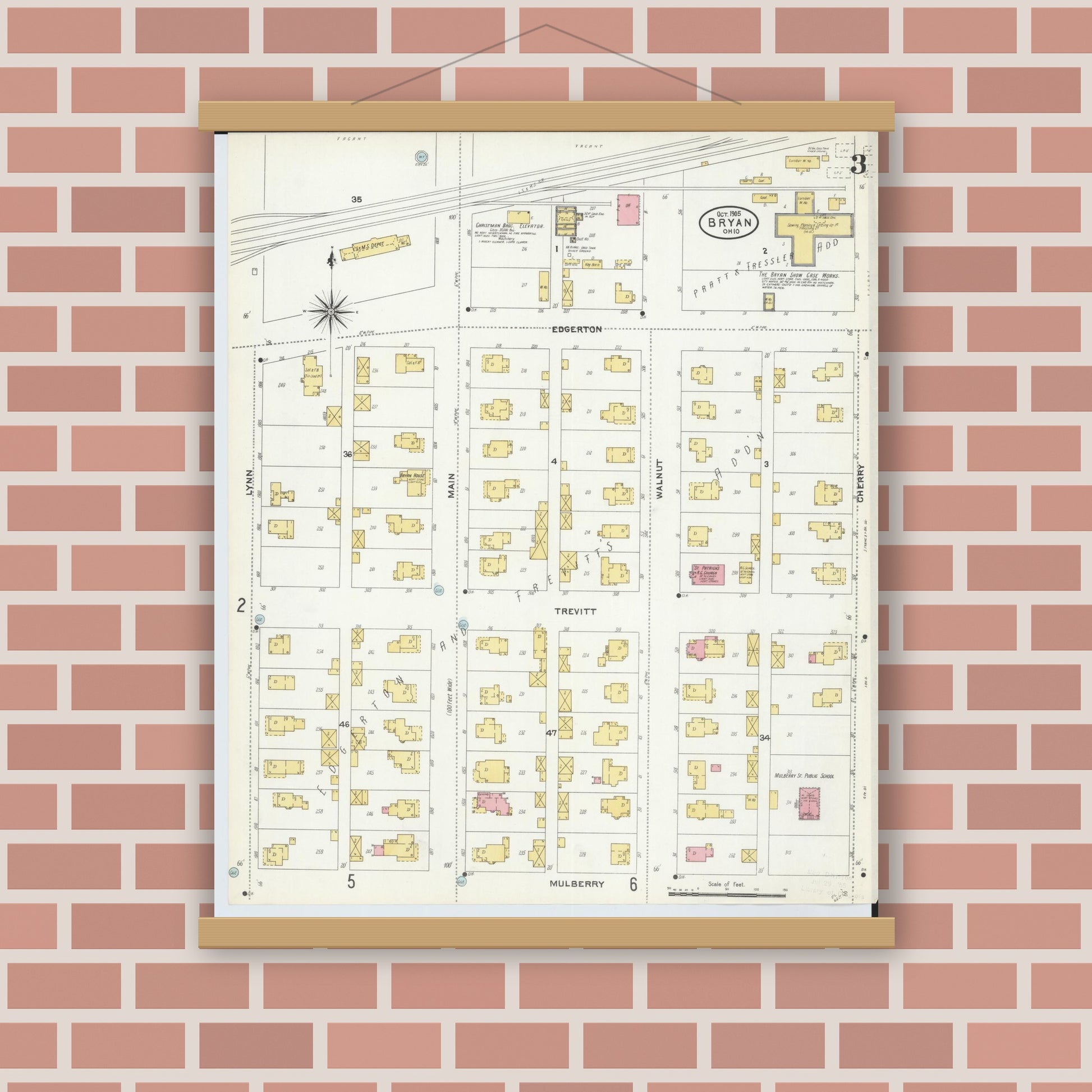 Old map wall art mockup — magnetic wood frame on brick wall — Sanborn Fire Insurance Map from Bryan, Williams County, Ohio (1905), Sheet #0003