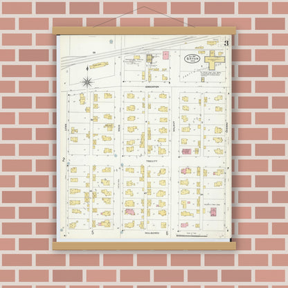 Old map wall art mockup — magnetic wood frame on brick wall — Sanborn Fire Insurance Map from Bryan, Williams County, Ohio (1905), Sheet #0003