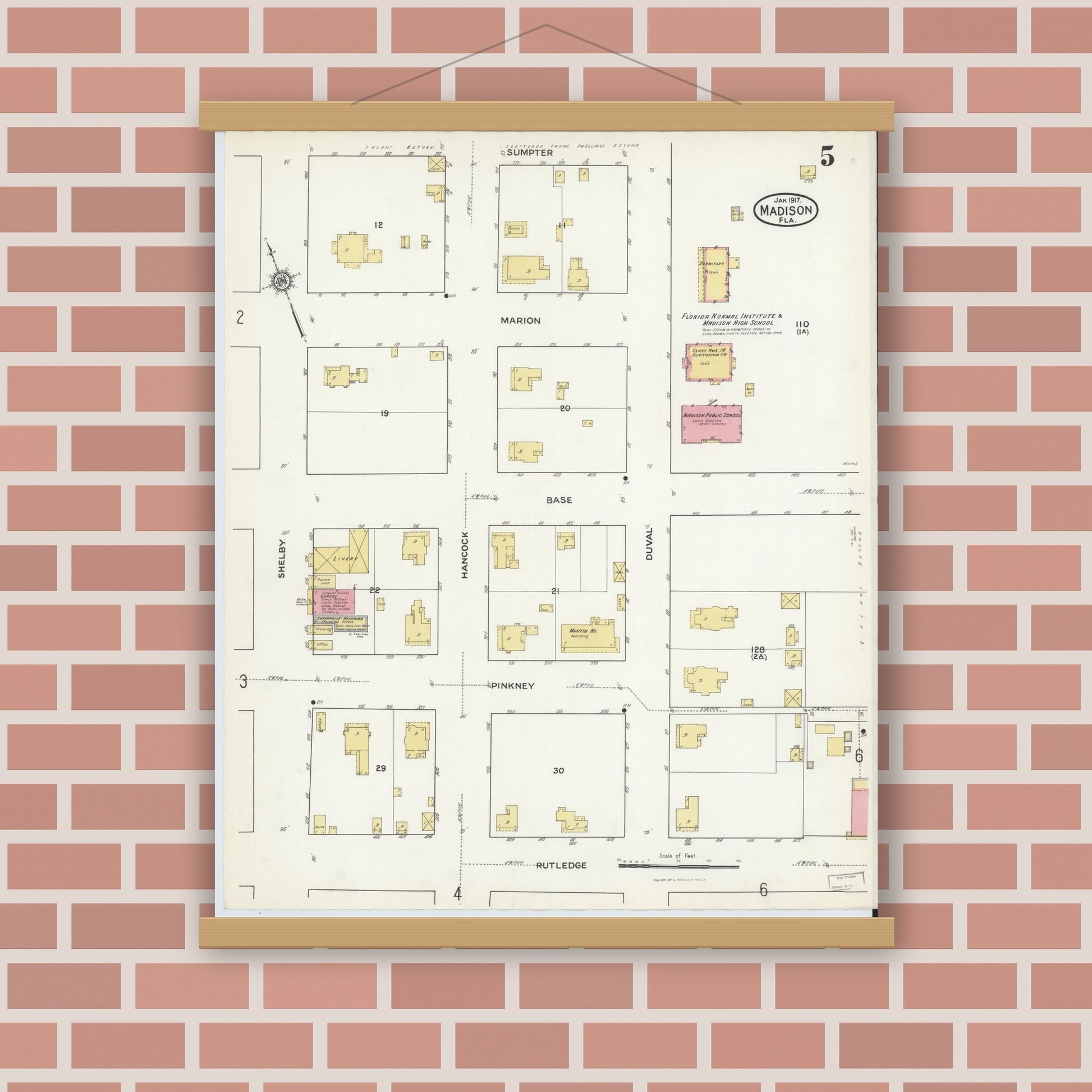 Old map wall art mockup — magnetic wood frame on brick wall — Sanborn Fire Insurance Map from Madison, Madison County, Florida (1917), Sheet #0005