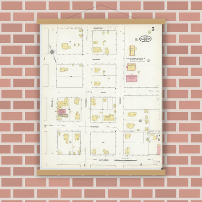 Old map wall art mockup — magnetic wood frame on brick wall — Sanborn Fire Insurance Map from Madison, Madison County, Florida (1917), Sheet #0005