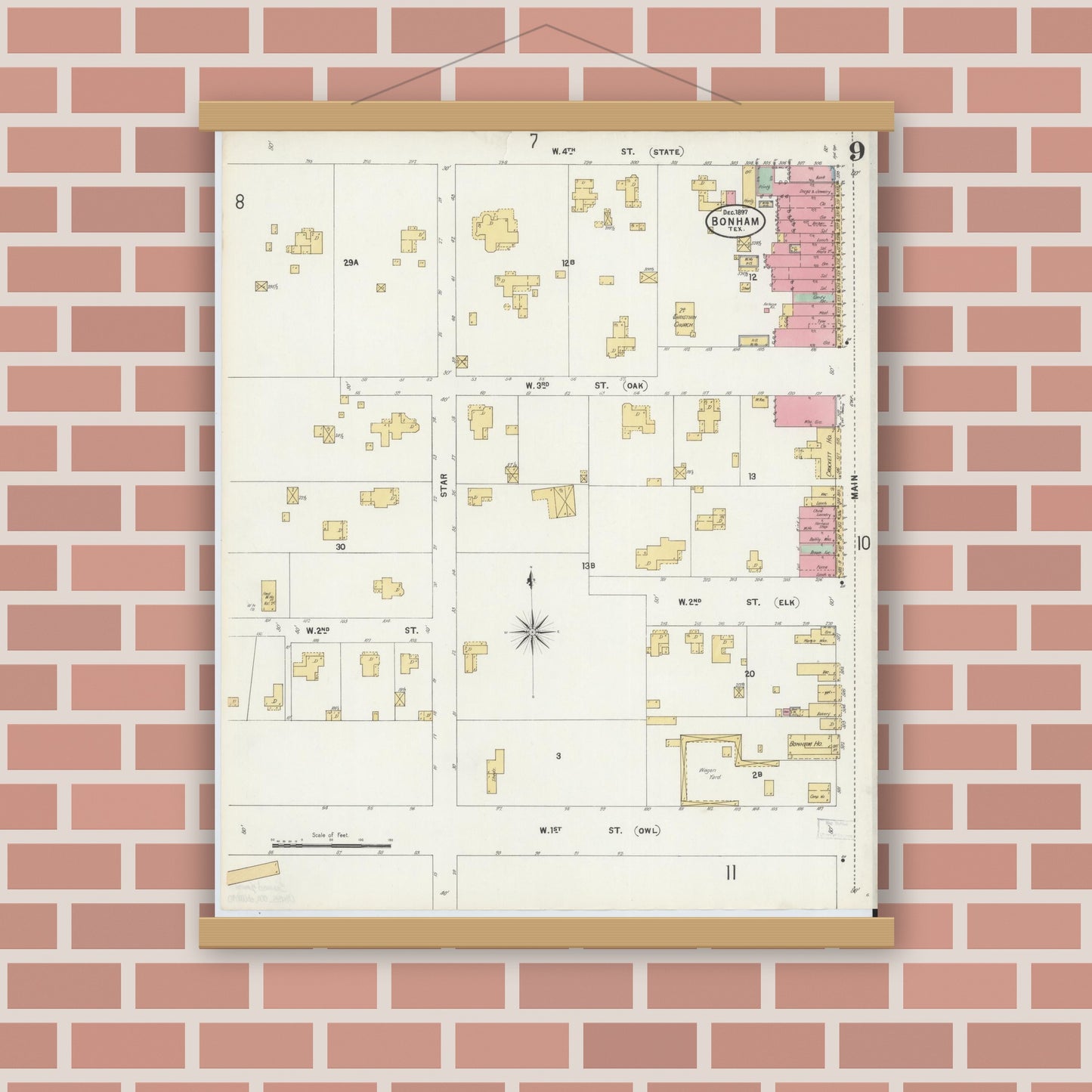 Old map wall art mockup — magnetic wood frame on brick wall — Sanborn Fire Insurance Map from Bonham, Fannin County, Texas (1897), Sheet #0009