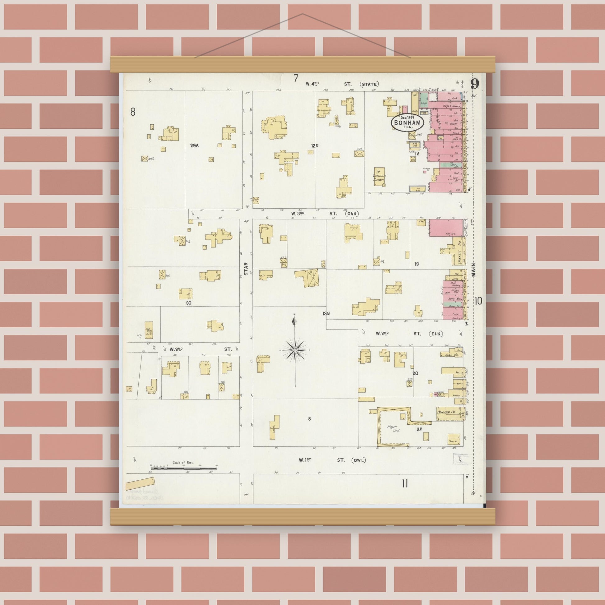 Old map wall art mockup — magnetic wood frame on brick wall — Sanborn Fire Insurance Map from Bonham, Fannin County, Texas (1897), Sheet #0009