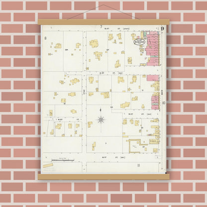 Old map wall art mockup — magnetic wood frame on brick wall — Sanborn Fire Insurance Map from Bonham, Fannin County, Texas (1897), Sheet #0009