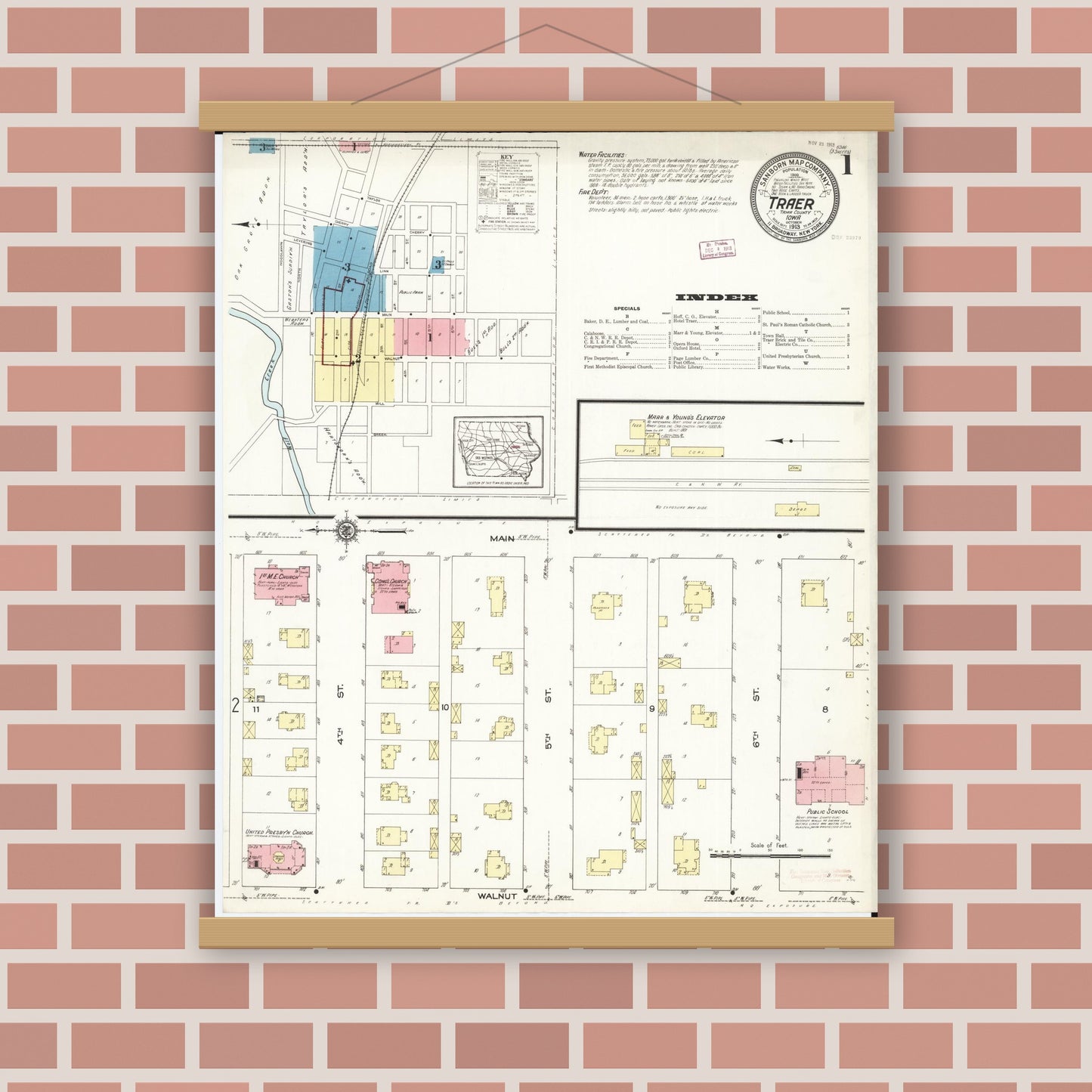 Old map wall art mockup — magnetic wood frame on brick wall — Sanborn Fire Insurance Map from Traer, Tama County, Iowa (1913), Sheet #0001