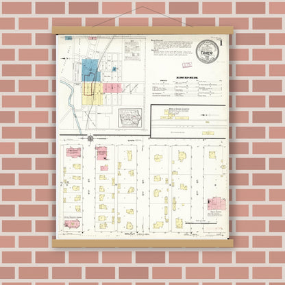 Old map wall art mockup — magnetic wood frame on brick wall — Sanborn Fire Insurance Map from Traer, Tama County, Iowa (1913), Sheet #0001