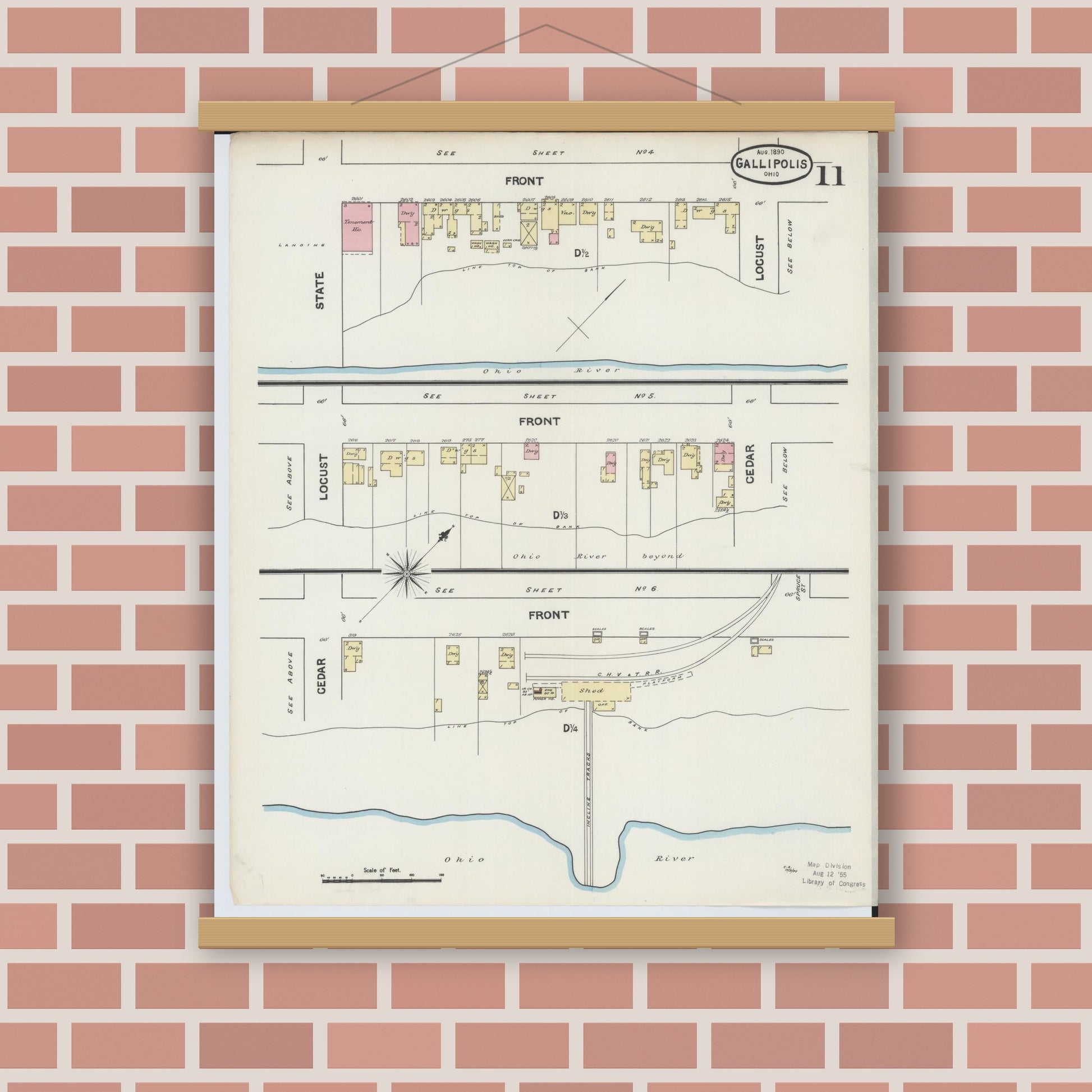 Old map wall art mockup — magnetic wood frame on brick wall — Sanborn Fire Insurance Map from Gallipolis, Gallia County, Ohio (1890), Sheet #0011