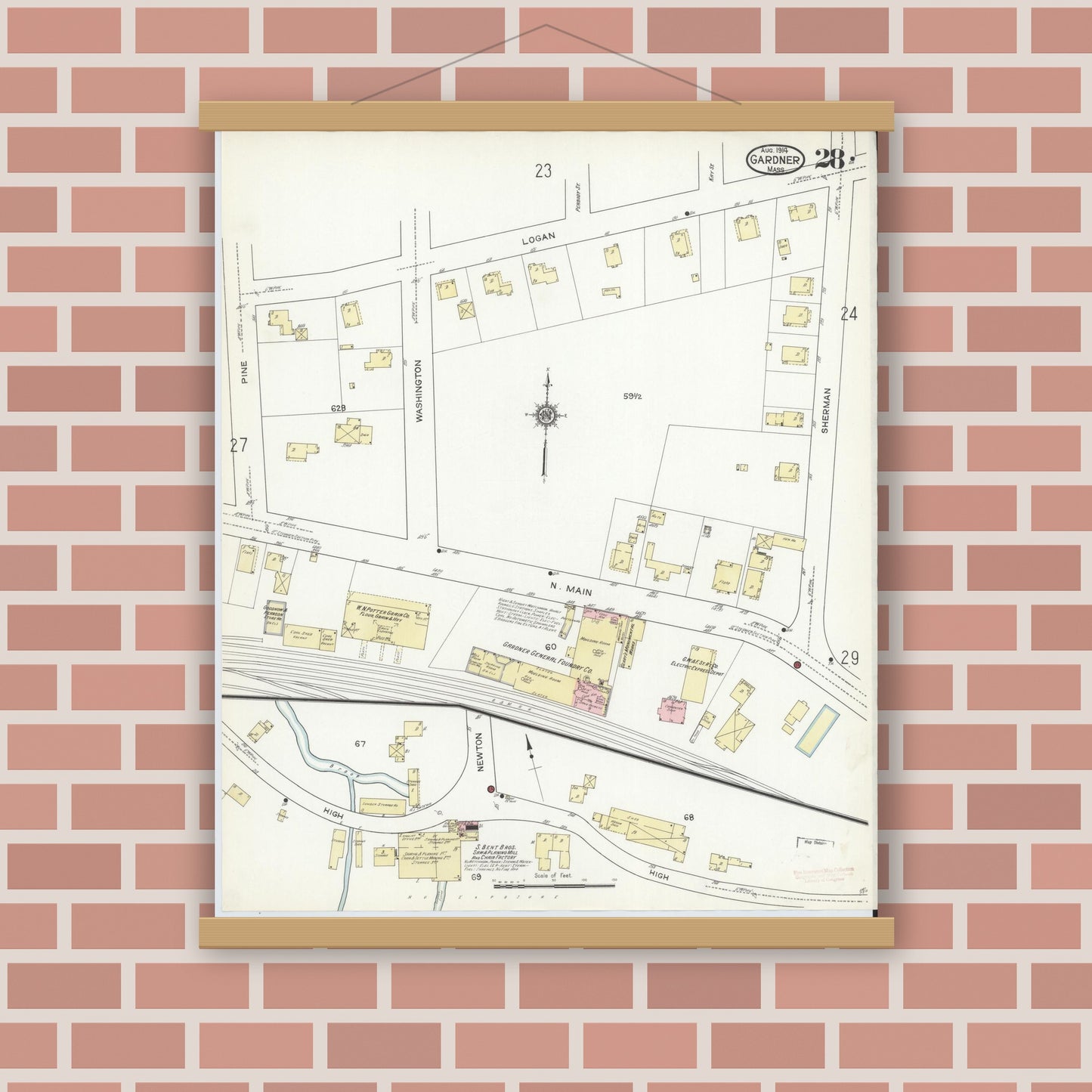 Old map wall art mockup — magnetic wood frame on brick wall — Sanborn Fire Insurance Map from Gardner, Worcester County, Massachusetts (1914), Sheet #0028