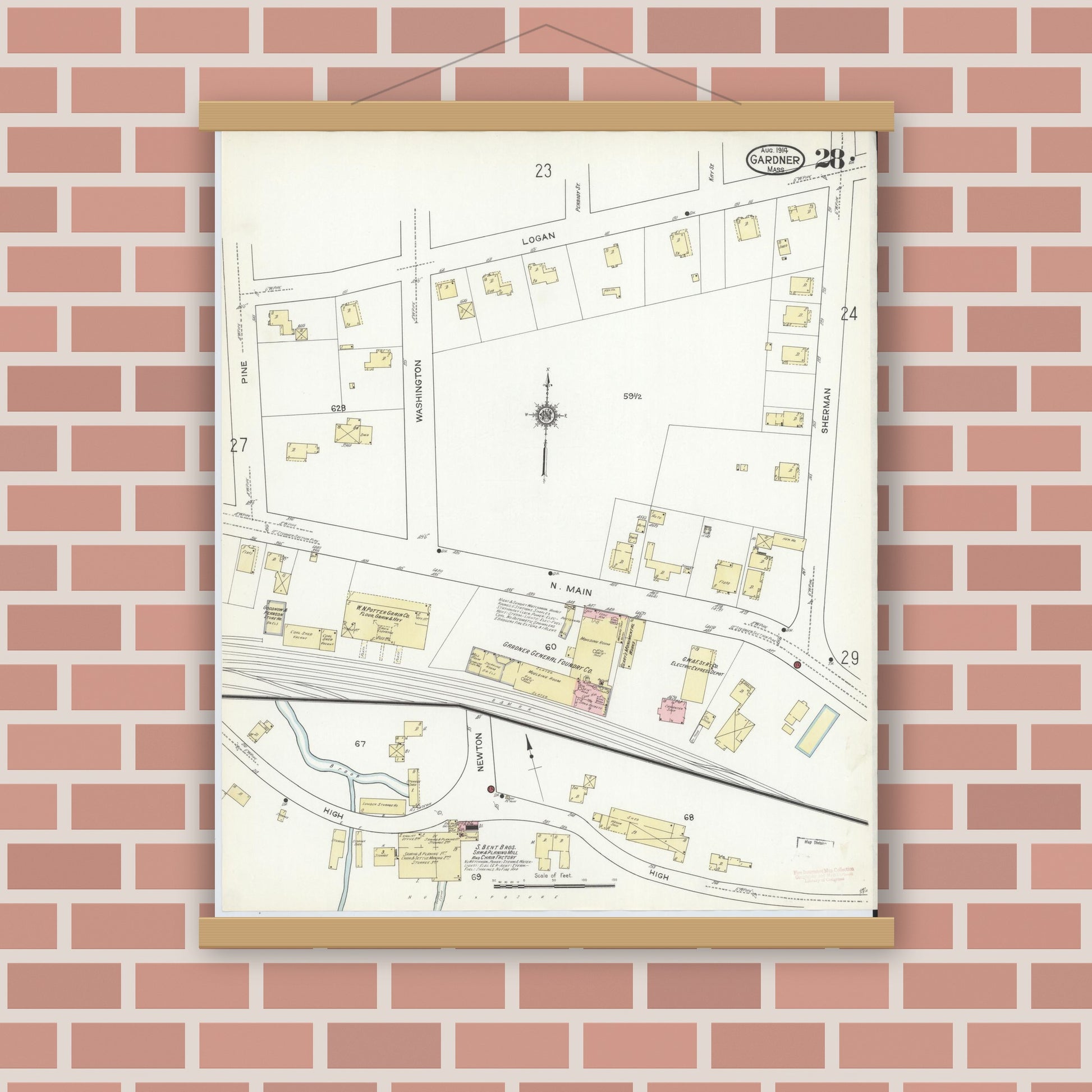 Old map wall art mockup — magnetic wood frame on brick wall — Sanborn Fire Insurance Map from Gardner, Worcester County, Massachusetts (1914), Sheet #0028