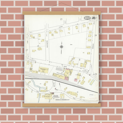 Old map wall art mockup — magnetic wood frame on brick wall — Sanborn Fire Insurance Map from Gardner, Worcester County, Massachusetts (1914), Sheet #0028